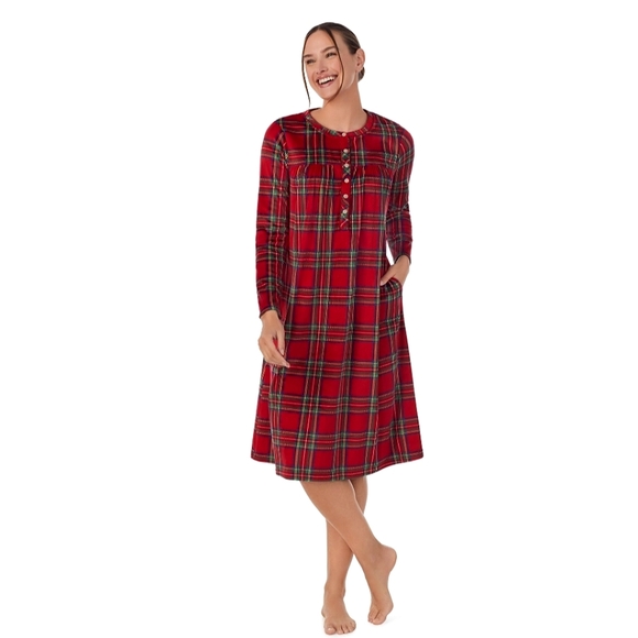 Aria Plaid Knit Velour Long Sleeve Ballet Nightgown - Picture 1 of 7